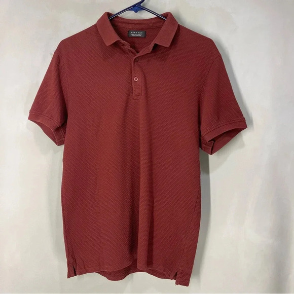 ZARA MAN Maroon Red Textured Regular Short Sleeve Knit Polo Shirt Medium size - Picture 1 of 6